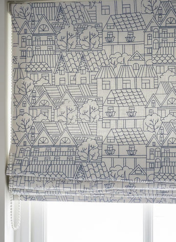 Roman Shade: Kids Navy House Embroidery on Linen (Custom Sizes, Liner Choices) — image 1