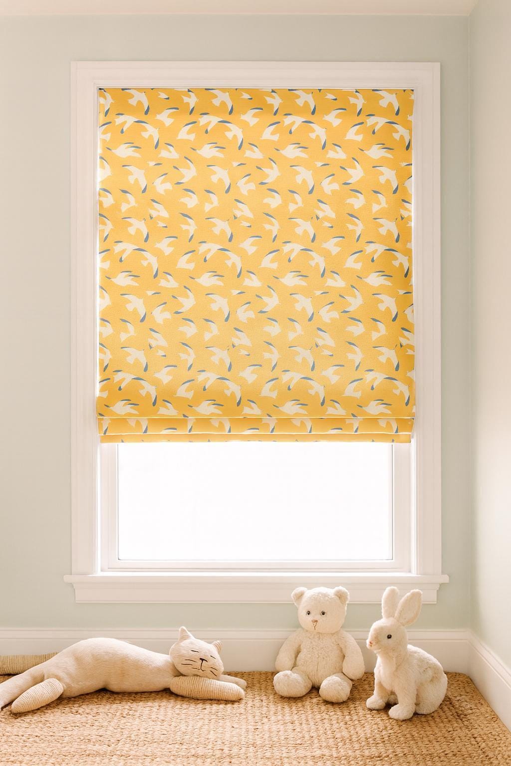 Kids Nursery Roman Shade, Organic Cotton, Mustard Doves (Custom Size) — image 1