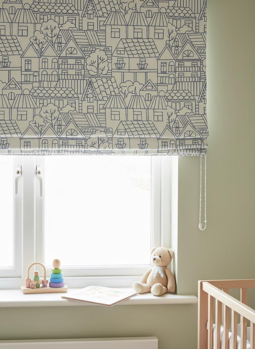 Roman Shade: Kids Navy House Embroidery on Linen (Custom Sizes, Liner Choices) — image 3