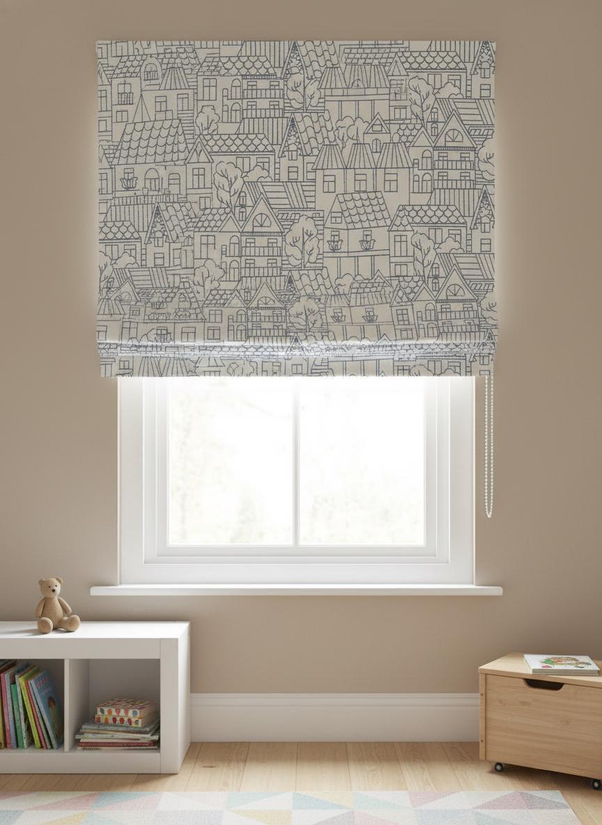 Roman Shade: Kids Navy House Embroidery on Linen (Custom Sizes, Liner Choices) — image 4