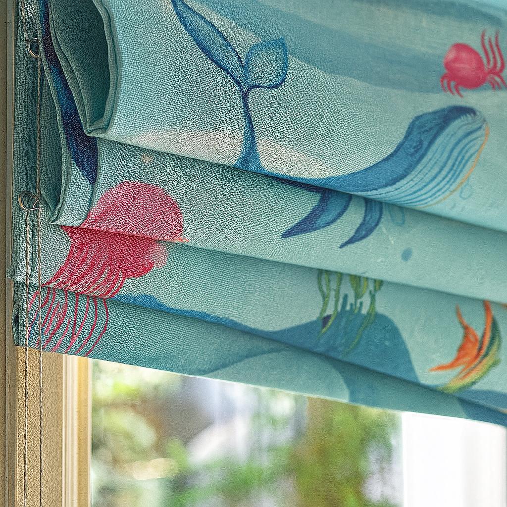 Kids Room Roman Shade, Whale & Jellyfish Print (Organic Linen) — image 3