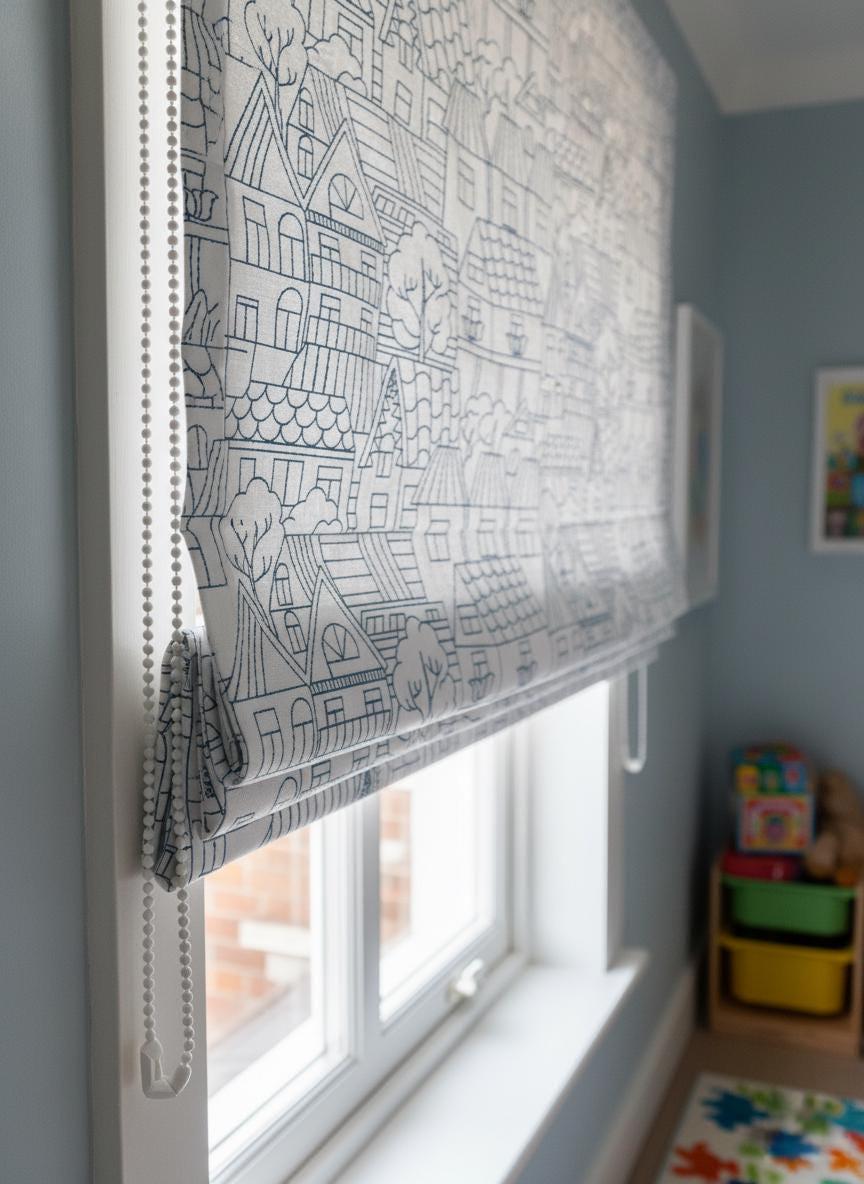 Roman Shade: Kids Navy House Embroidery on Linen (Custom Sizes, Liner Choices) — image 5