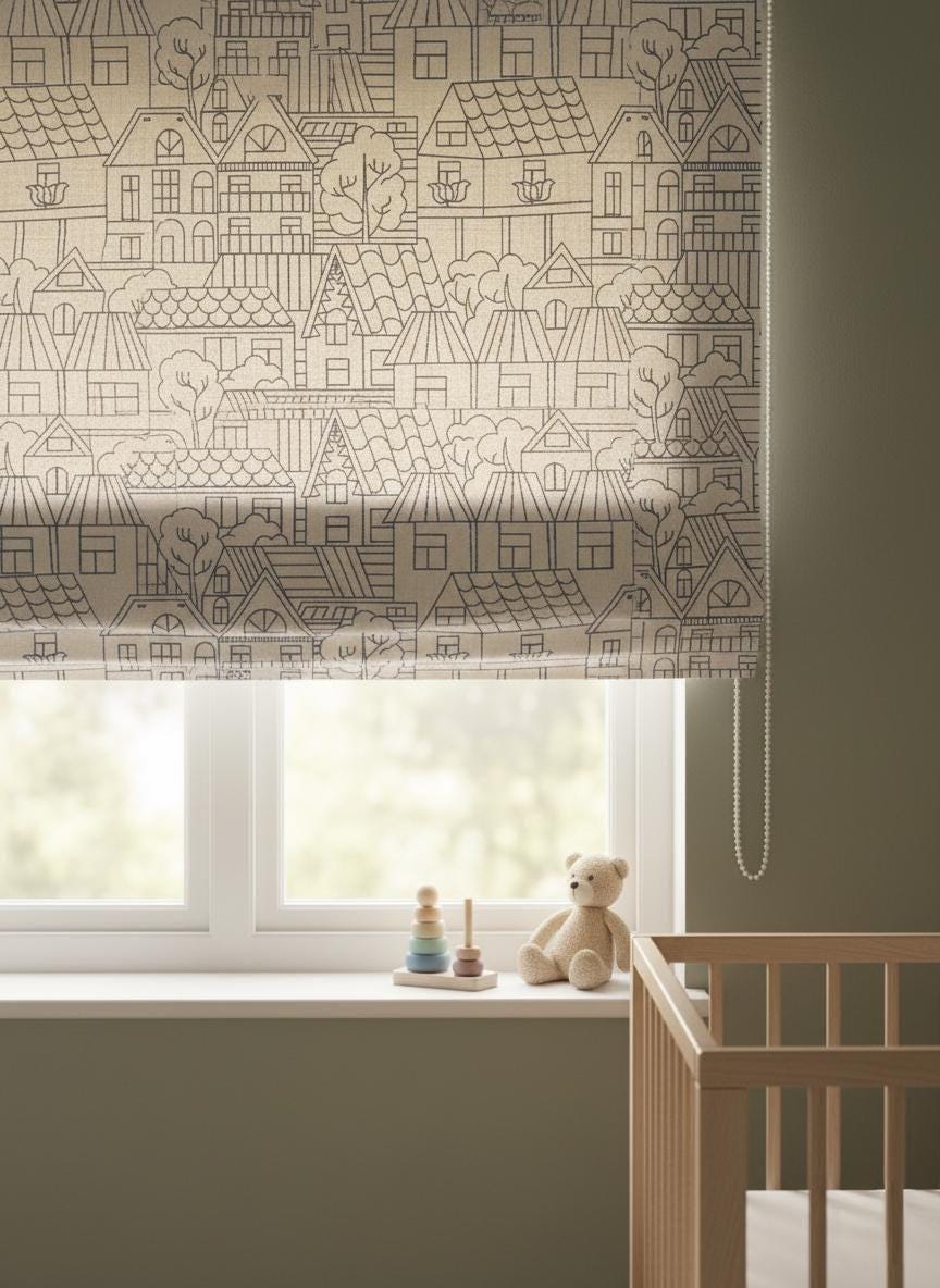 Roman Shade: Kids Navy House Embroidery on Linen (Custom Sizes, Liner Choices) — image 8