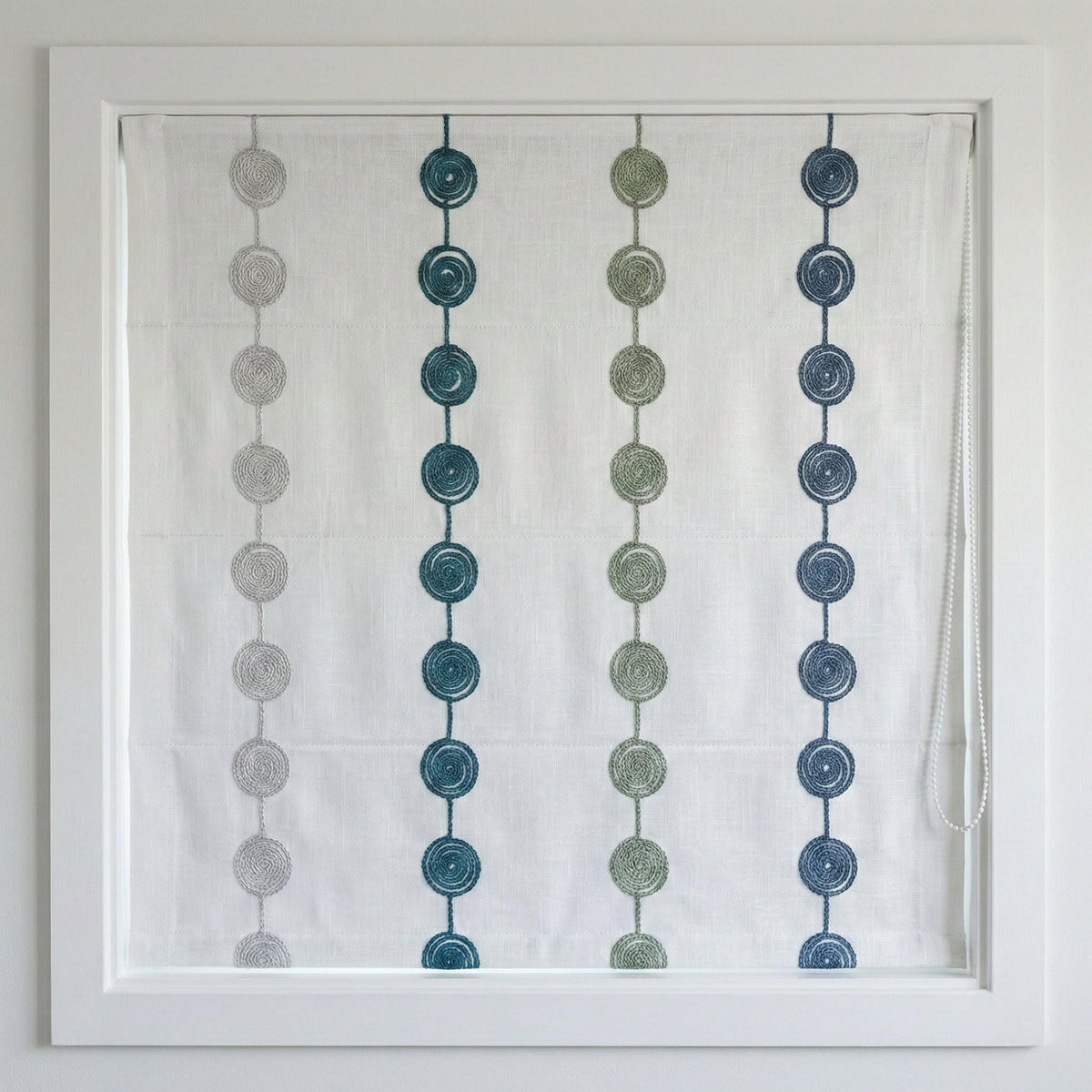 Embroidered Linen Roman Shade, Blue Green Dot Chain, Nursery Window Blind — image 6