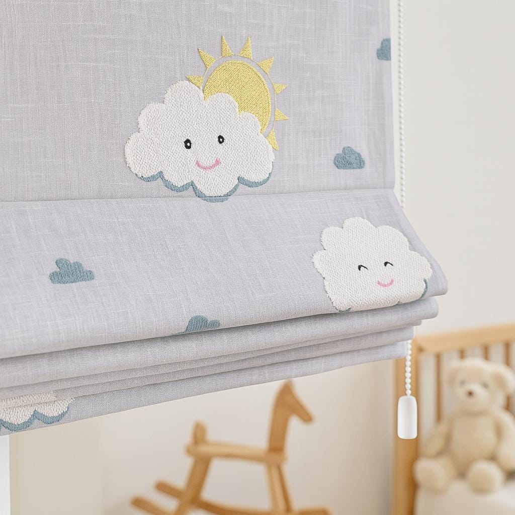 Roman Shade: Hand-Embroidered Cloud & Sun Design (Light Filtering or Blackout) — image 1