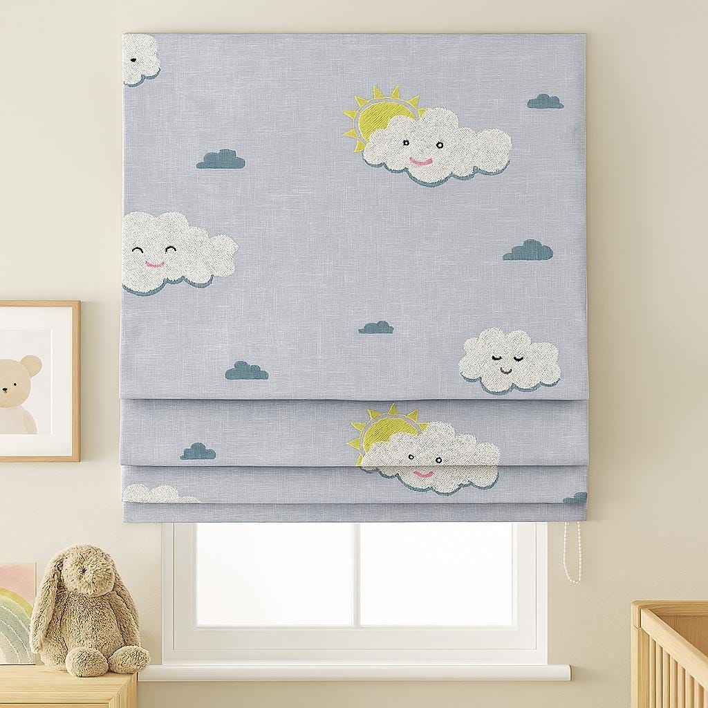 Roman Shade: Hand-Embroidered Cloud & Sun Design (Light Filtering or Blackout) — image 2