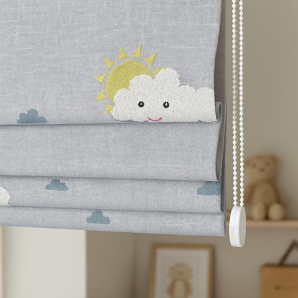 Roman Shade: Hand-Embroidered Cloud & Sun Design (Light Filtering or Blackout) — image 4
