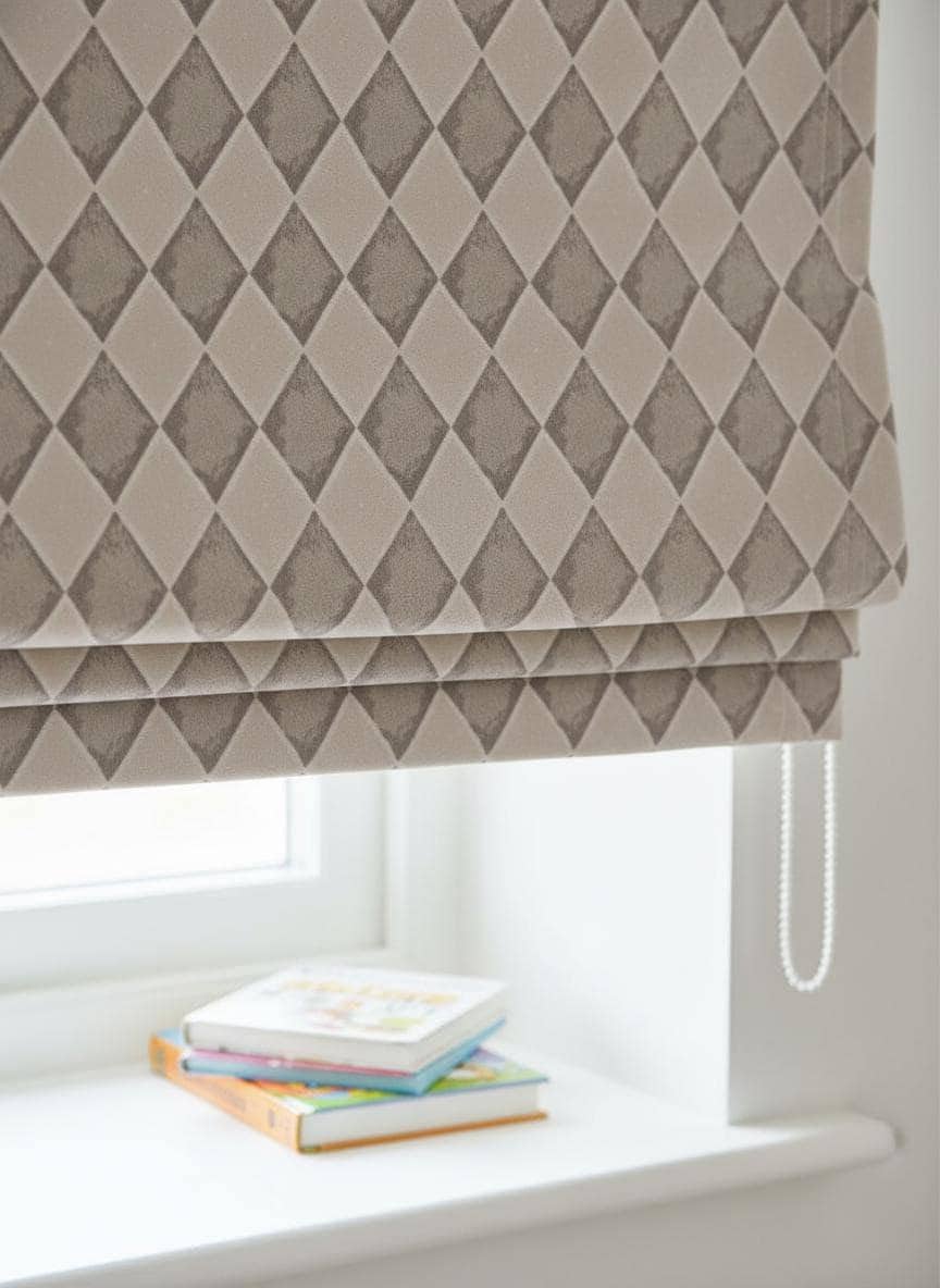 Kids Velvet Roman Shade, Taupe Harlequin Diamond (Custom Blackout or Light-Filtering) — image 1