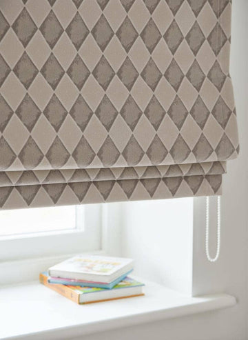 Kids Velvet Roman Shade, Taupe Harlequin Diamond (Custom Blackout or Light-Filtering) — image 1
