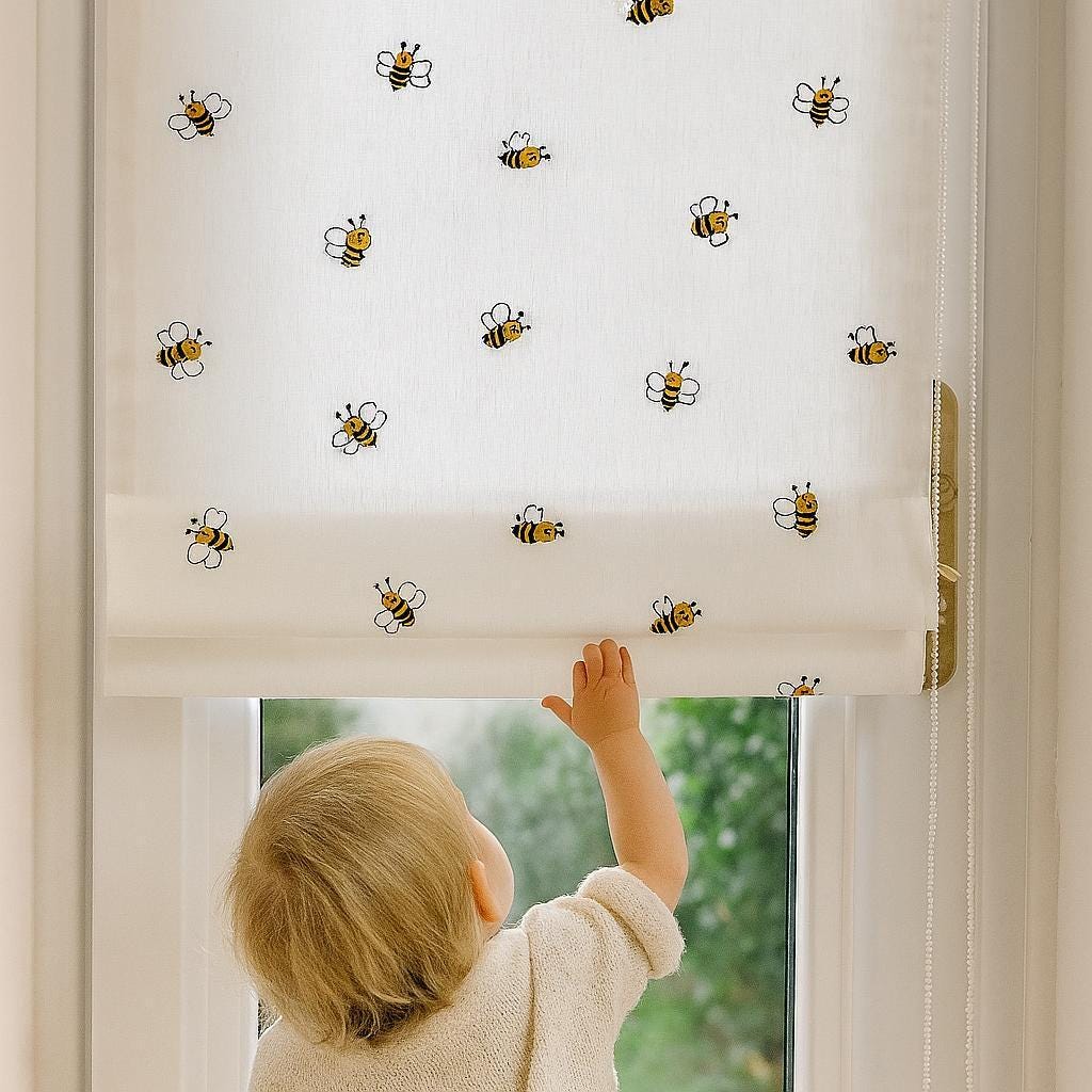 Kids Nursery Roman Shade, White Linen, Bee Embroidery (Blackout or Light Filtering) — image 1