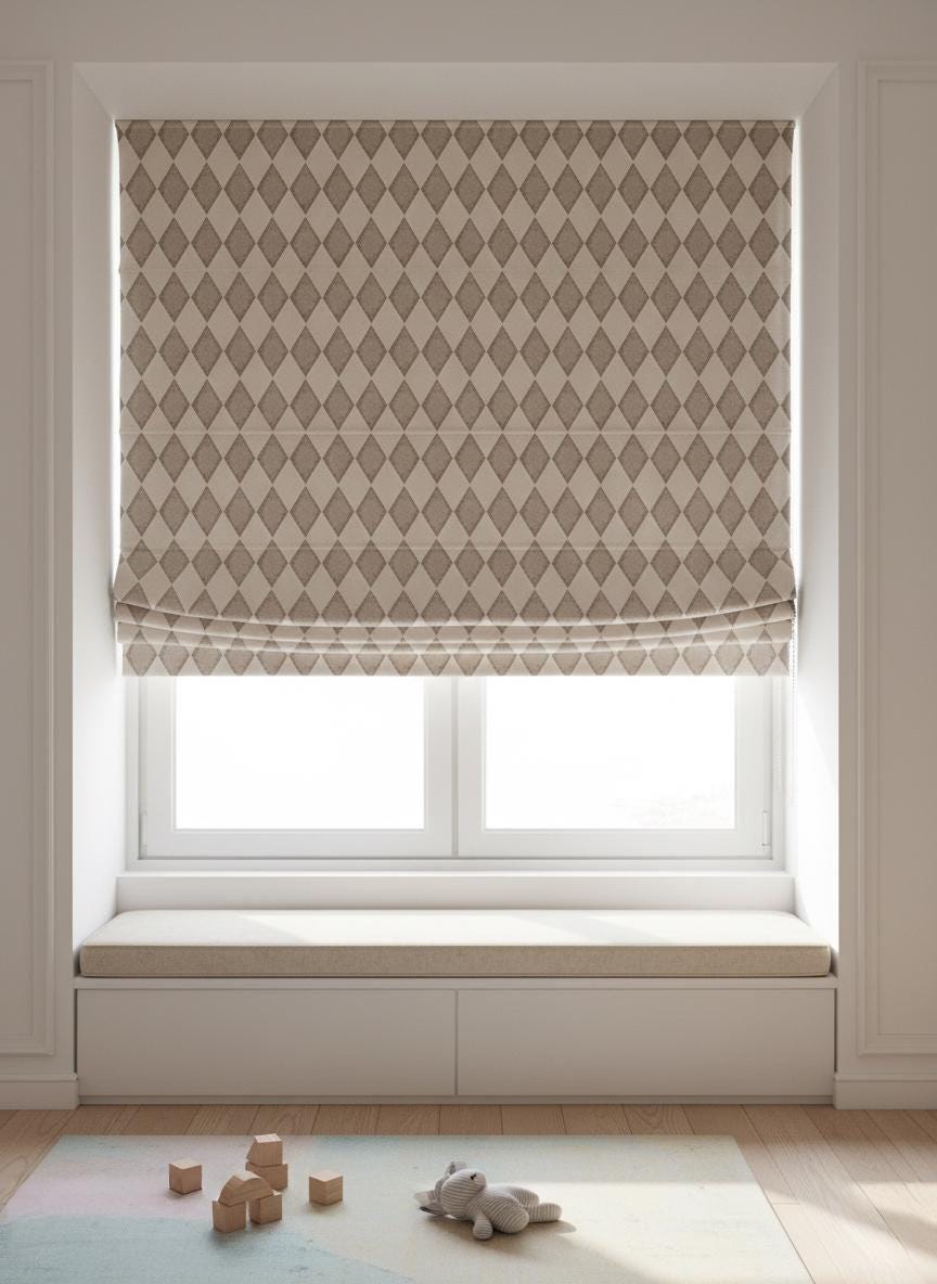 Kids Velvet Roman Shade, Taupe Harlequin Diamond (Custom Blackout or Light-Filtering) — image 2
