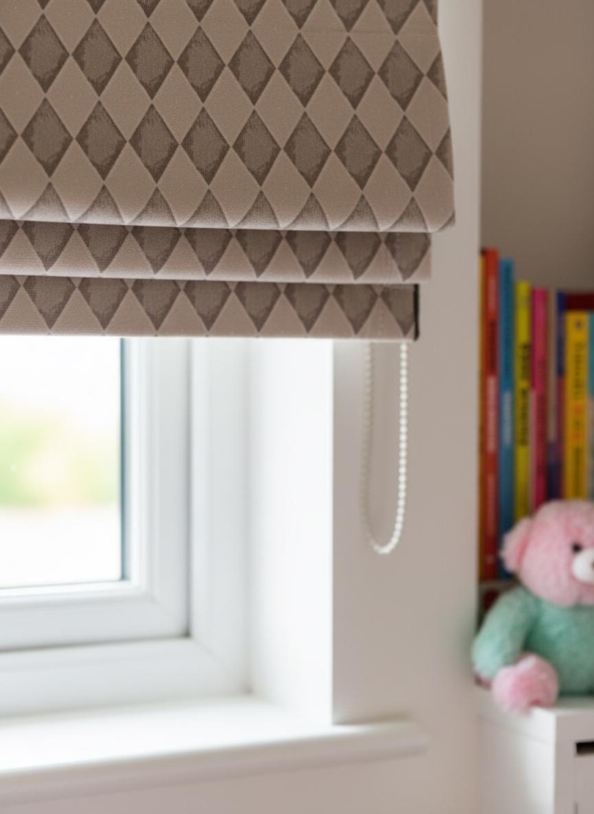 Kids Velvet Roman Shade, Taupe Harlequin Diamond (Custom Blackout or Light-Filtering) — image 3
