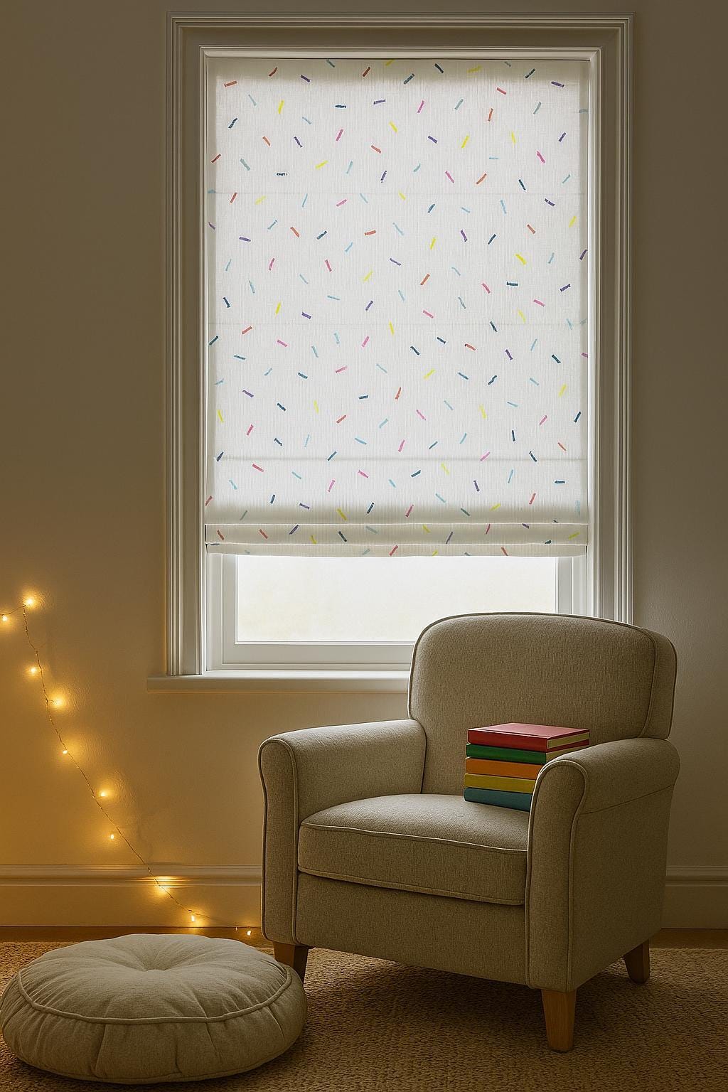 Roman Shade for Kids: Rainbow Confetti Embroidery (Custom Size, Organic Linen) — image 4