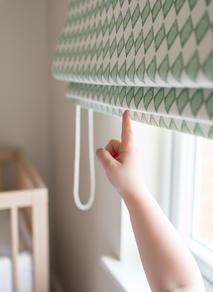 Sage Green Diamond Velvet Roman Shade - Corded Nursery Blind — image 3