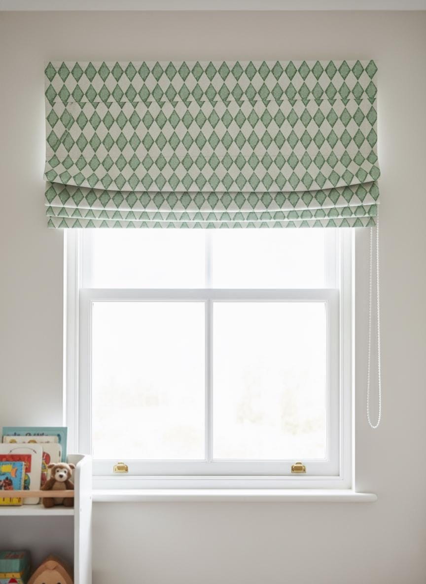 Sage Green Diamond Velvet Roman Shade - Corded Nursery Blind — image 4