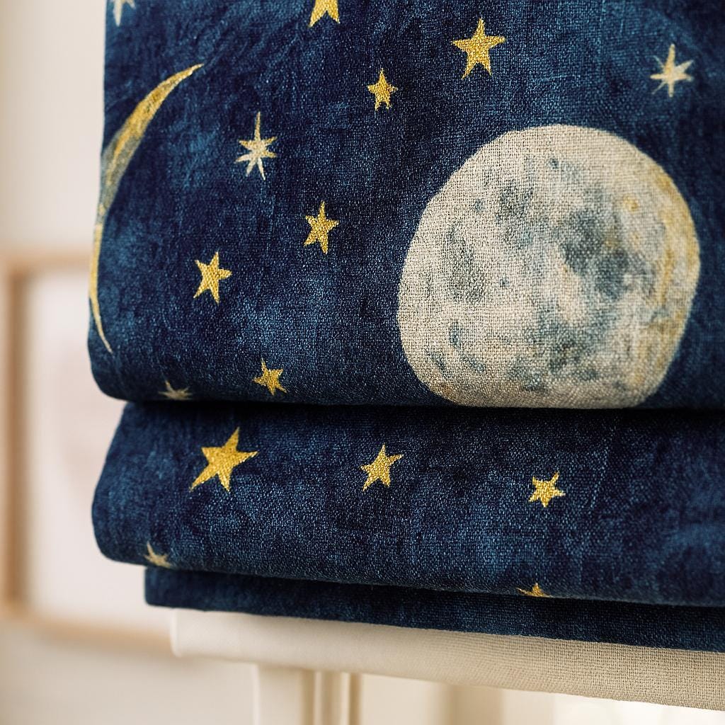 Starry Night Roman Shade - Organic Linen, Moon and Stars Print — image 1