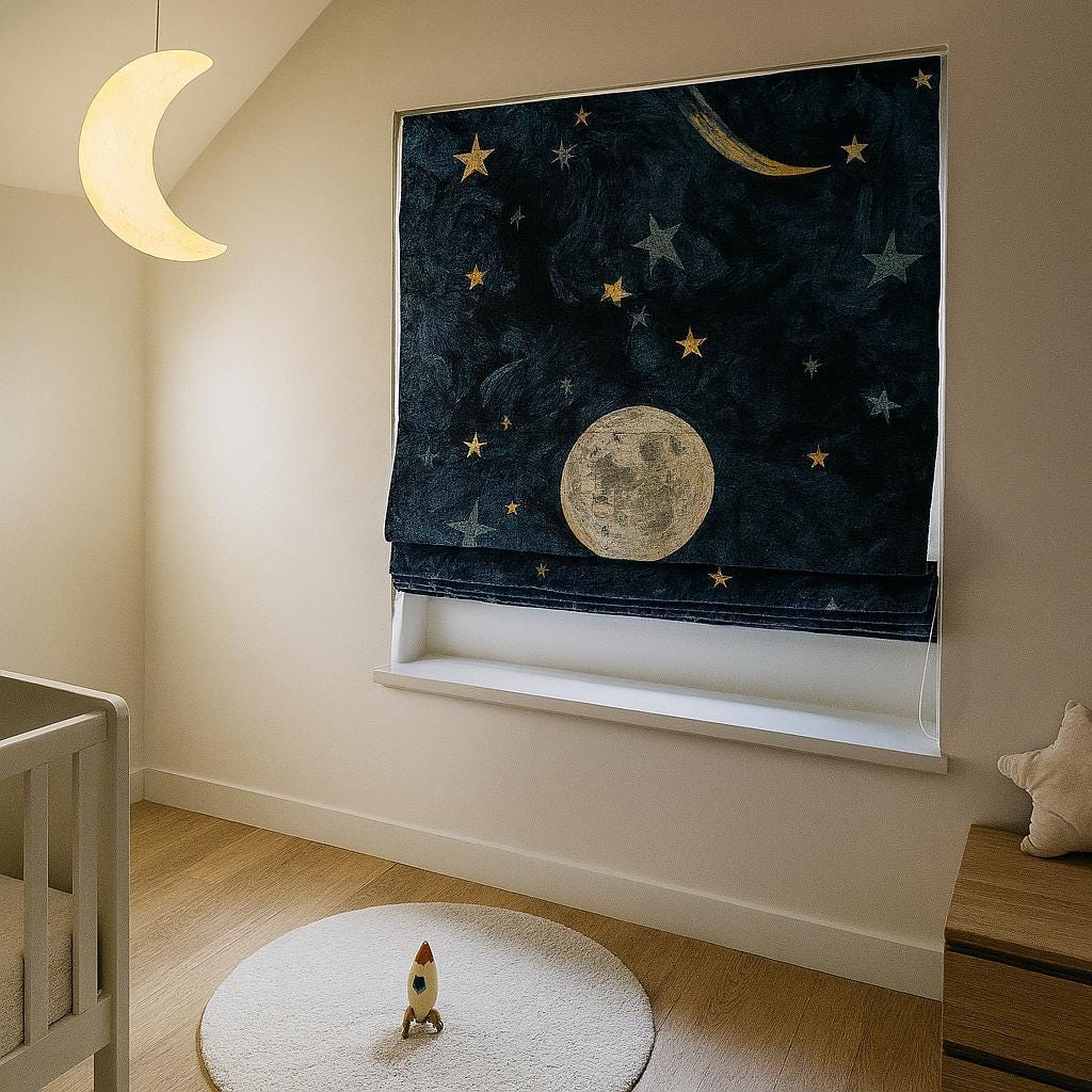 Starry Night Roman Shade - Organic Linen, Moon and Stars Print — image 2