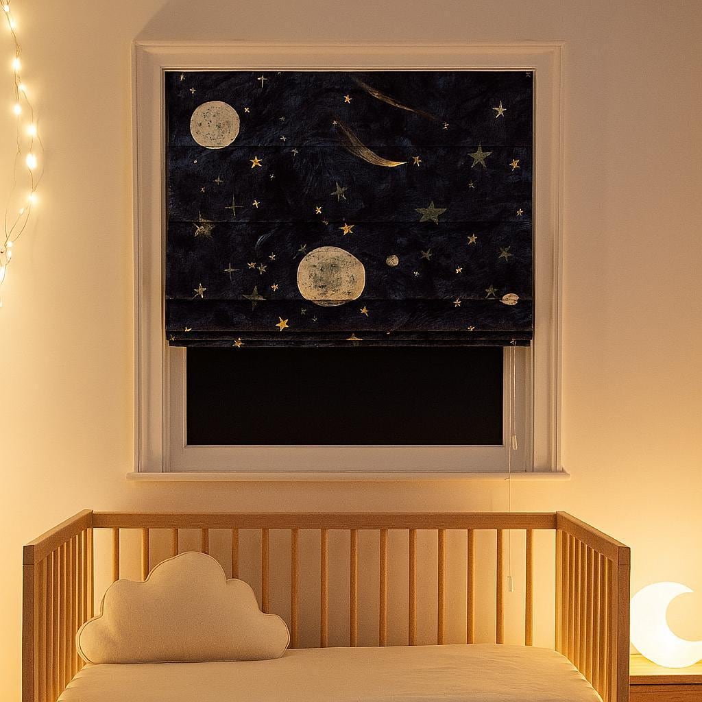Starry Night Roman Shade - Organic Linen, Moon and Stars Print — image 4