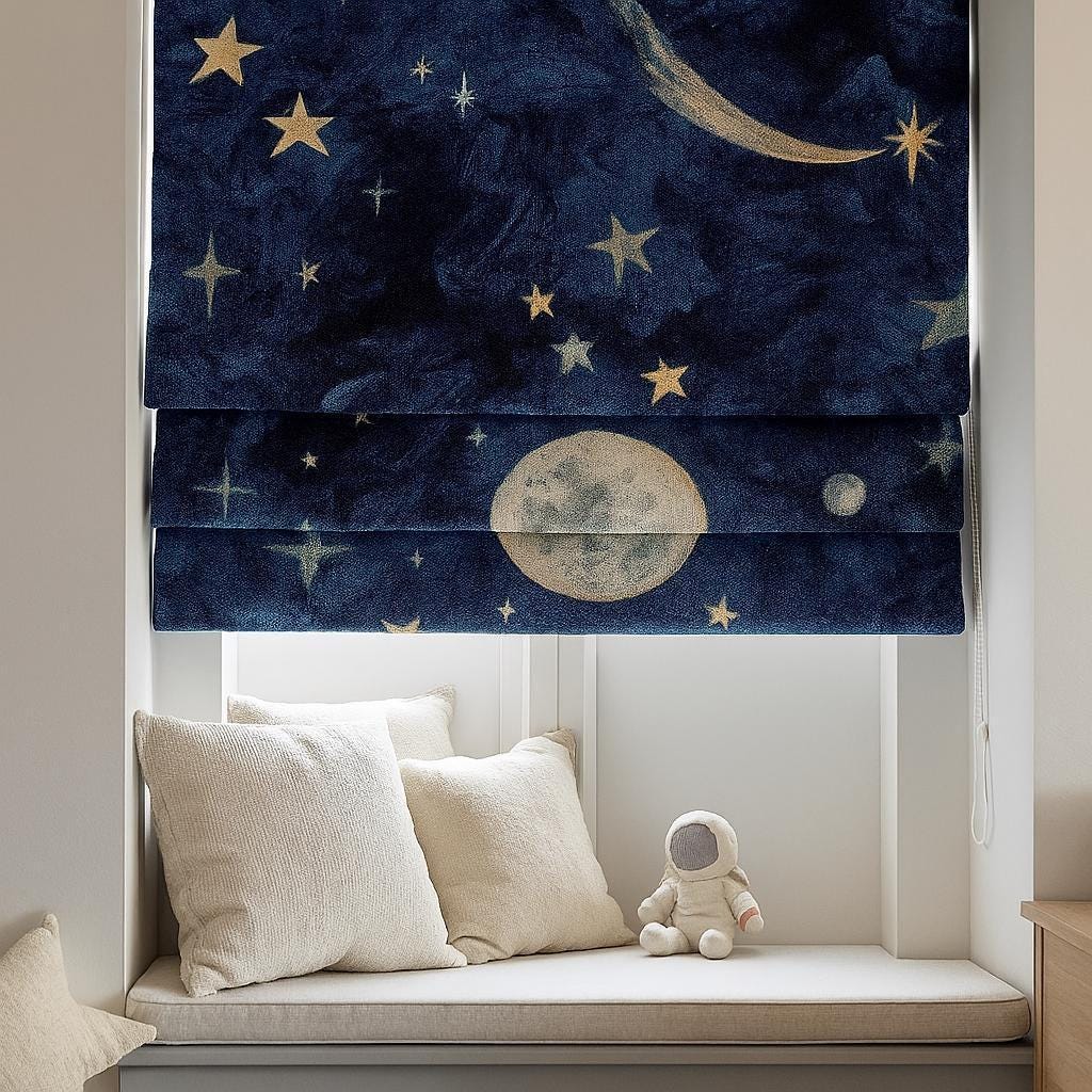 Starry Night Roman Shade - Organic Linen, Moon and Stars Print — image 5
