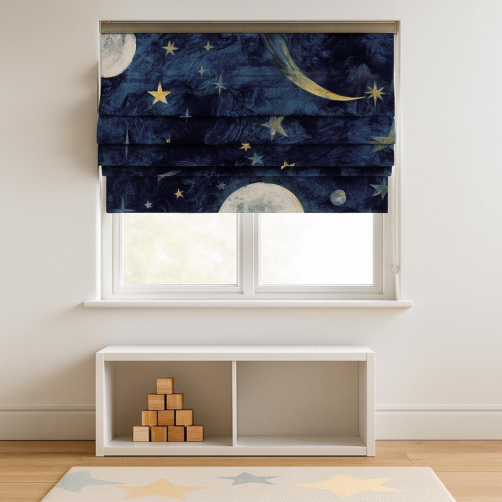 Starry Night Roman Shade - Organic Linen, Moon and Stars Print — image 7