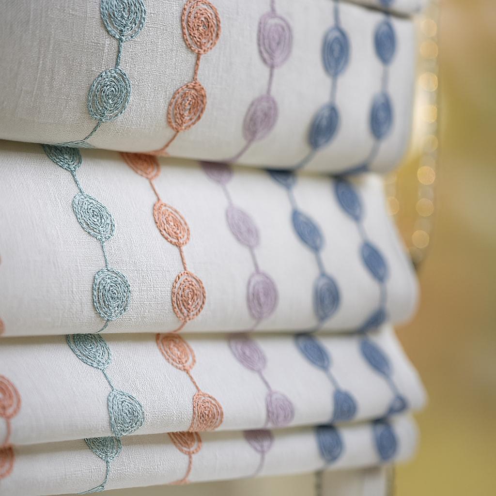 Organic Linen Roman Blind - Pastel Swirl Embroidery, Custom Size — image 1