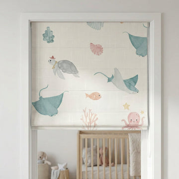 Ocean Animals Linen Roman Shade, Coastal Nursery Blind, Custom Size — image 1