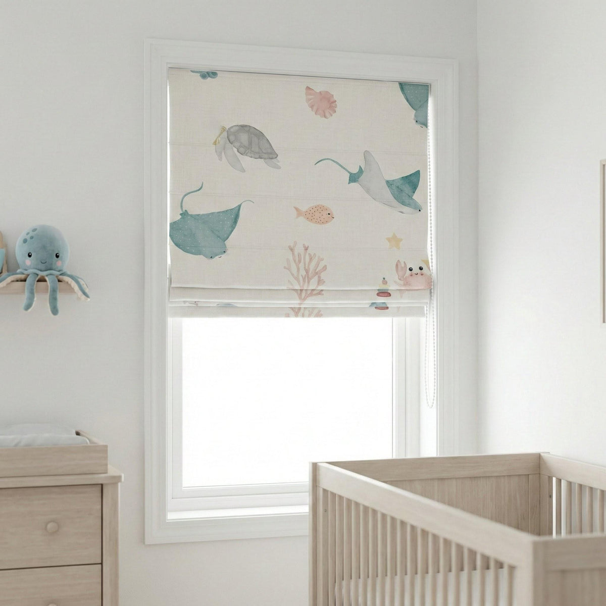 Ocean Animals Linen Roman Shade, Coastal Nursery Blind, Custom Size — image 6