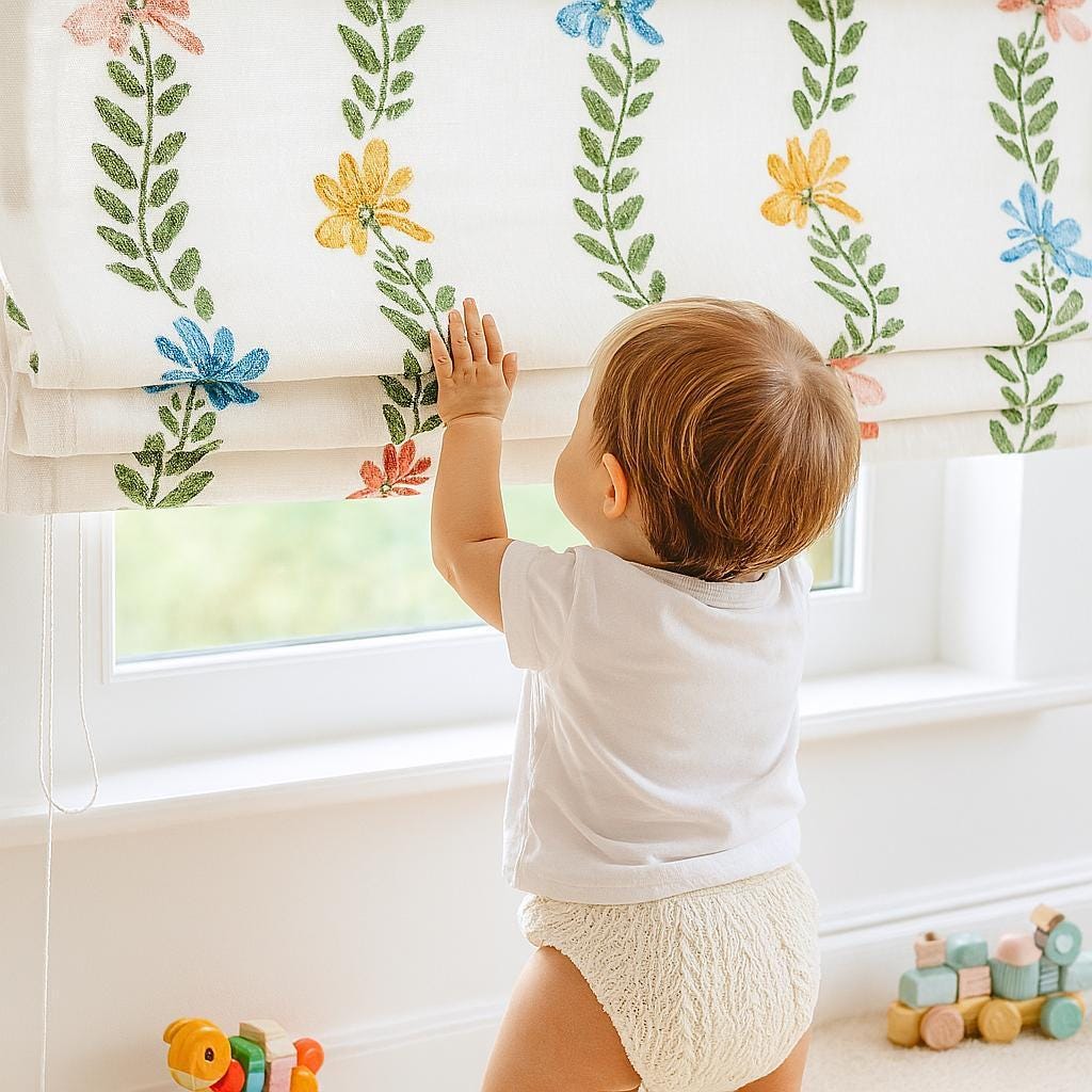 Kids Roman Shade - White Linen with Cheerful Floral Embroidery — image 1
