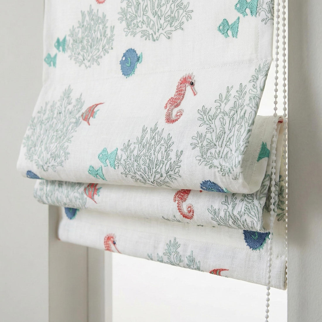 Roman Blind: Seahorse & Fish Embroidery - Thick Organic Linen — image 1
