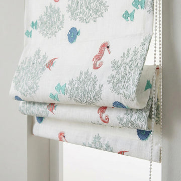 Roman Blind: Seahorse & Fish Embroidery - Thick Organic Linen — image 1