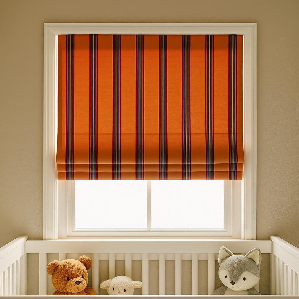 Roman Shade: Kids Nursery Orange Stripe (Organic Cotton, Blackout) — image 4