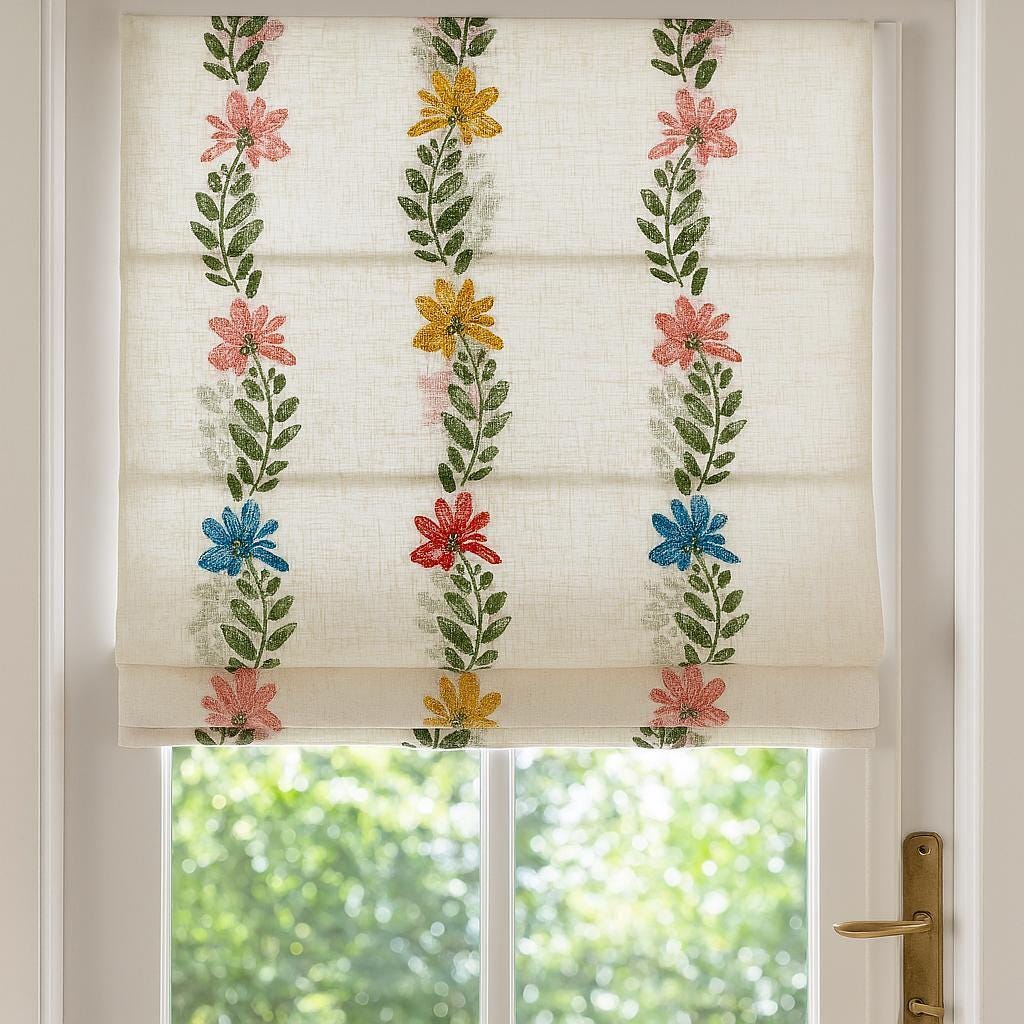 Kids Roman Shade - White Linen with Cheerful Floral Embroidery — image 4