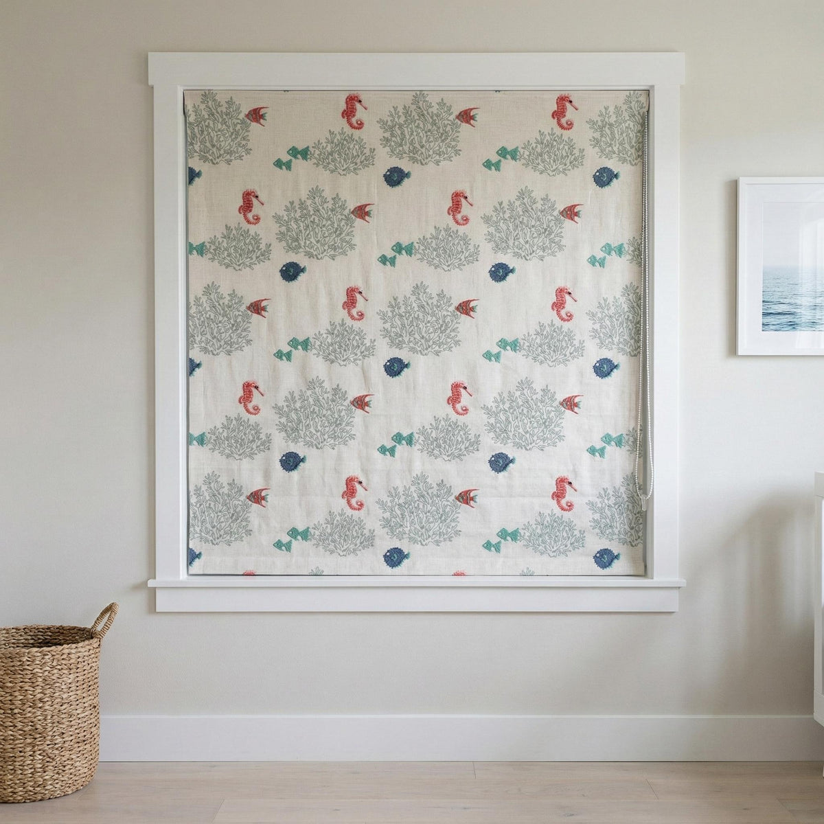 Roman Blind: Seahorse & Fish Embroidery - Thick Organic Linen — image 4