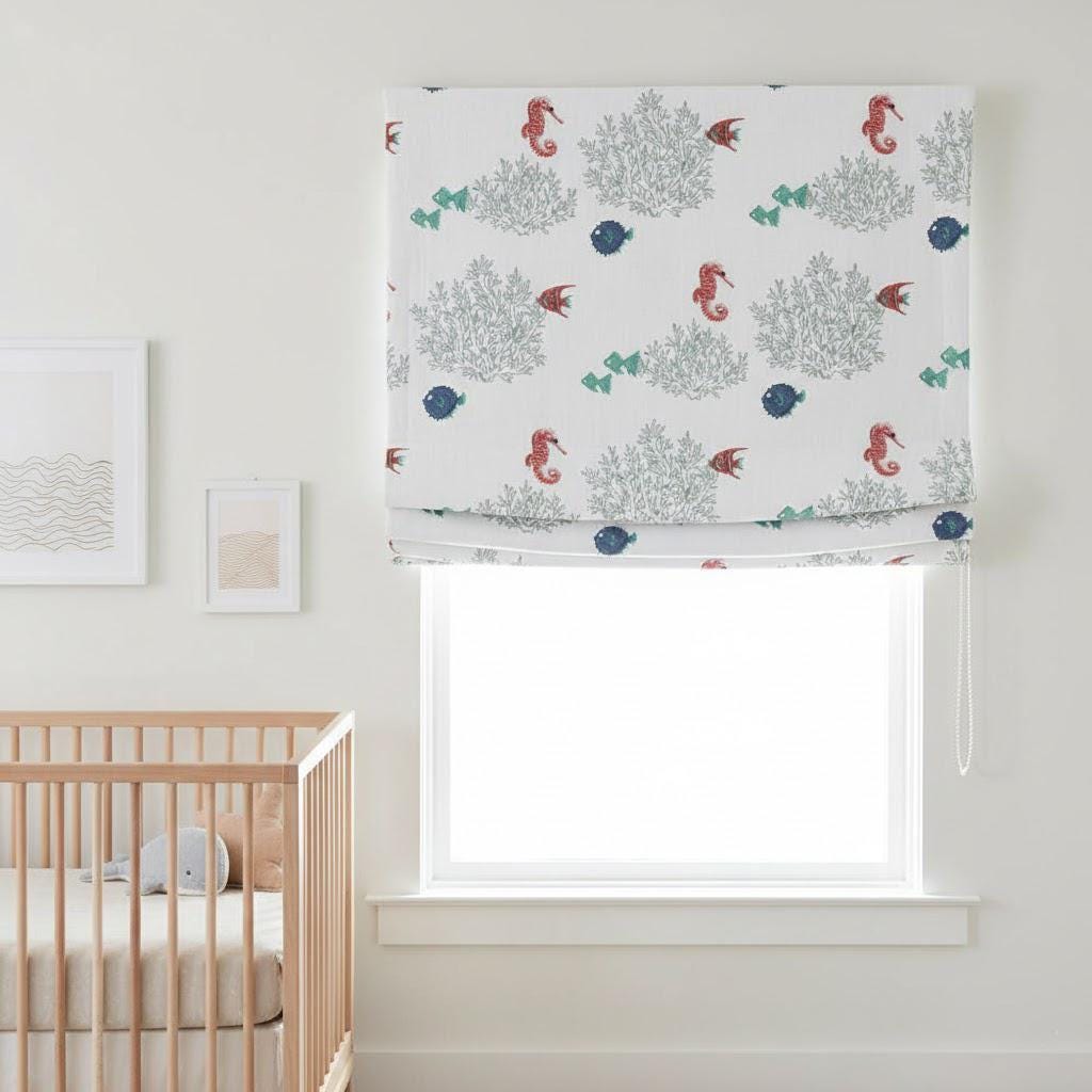 Roman Blind: Seahorse & Fish Embroidery - Thick Organic Linen — image 5