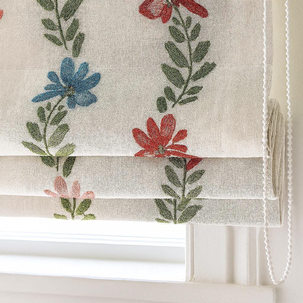 Kids Roman Shade - White Linen with Cheerful Floral Embroidery — image 7