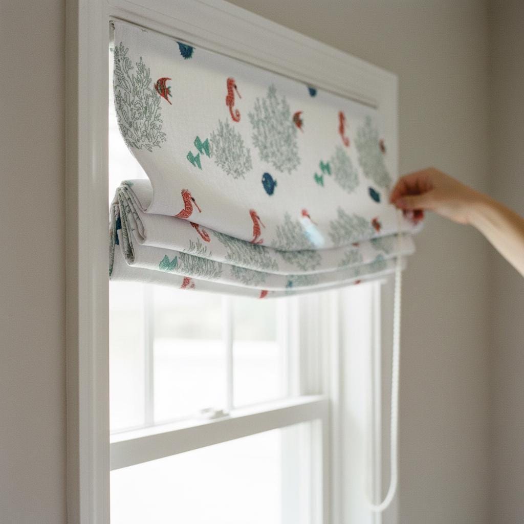 Roman Blind: Seahorse & Fish Embroidery - Thick Organic Linen — image 8
