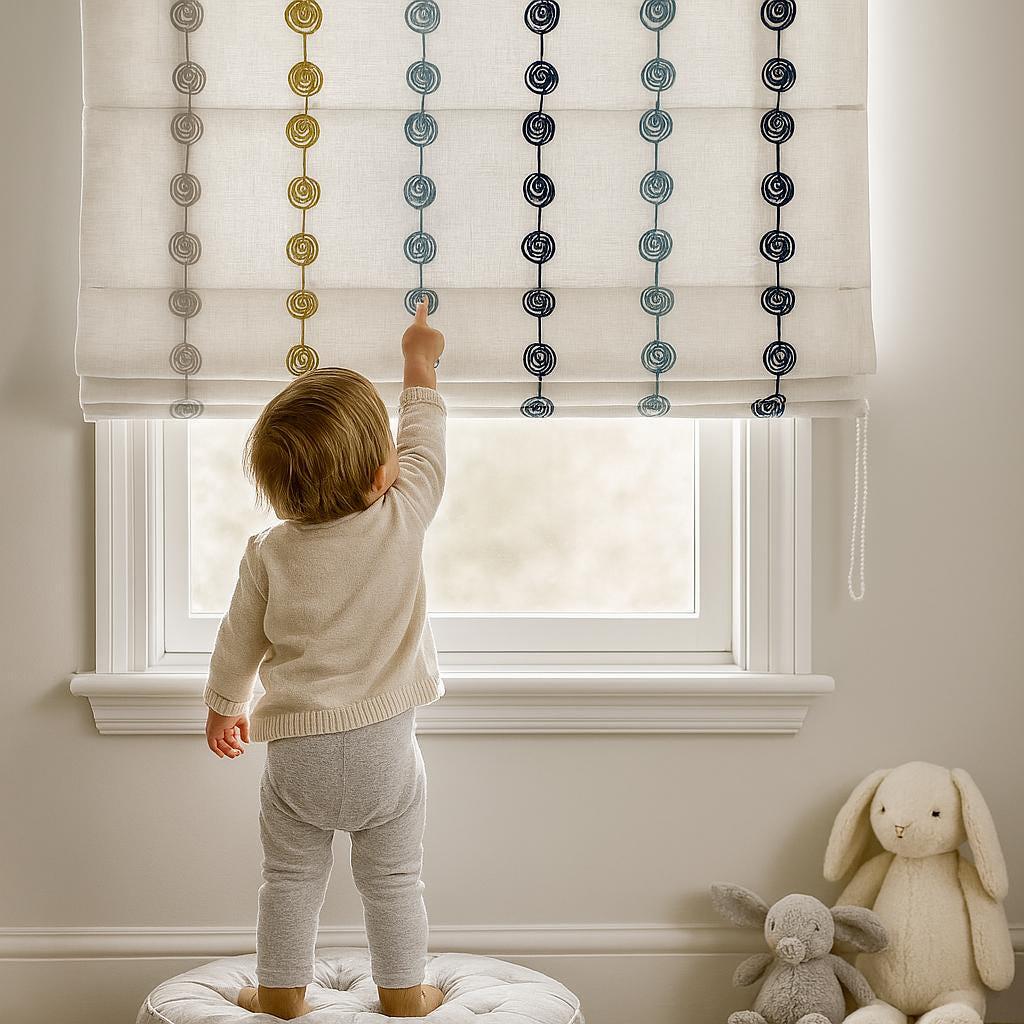 Embroidered Linen Roman Shade: Colorful Circles, Custom Size — image 3