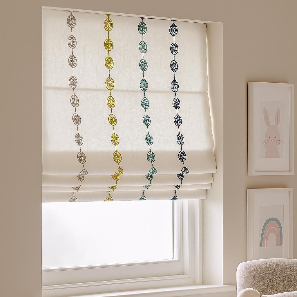 Embroidered Linen Roman Shade: Colorful Circles, Custom Size — image 2