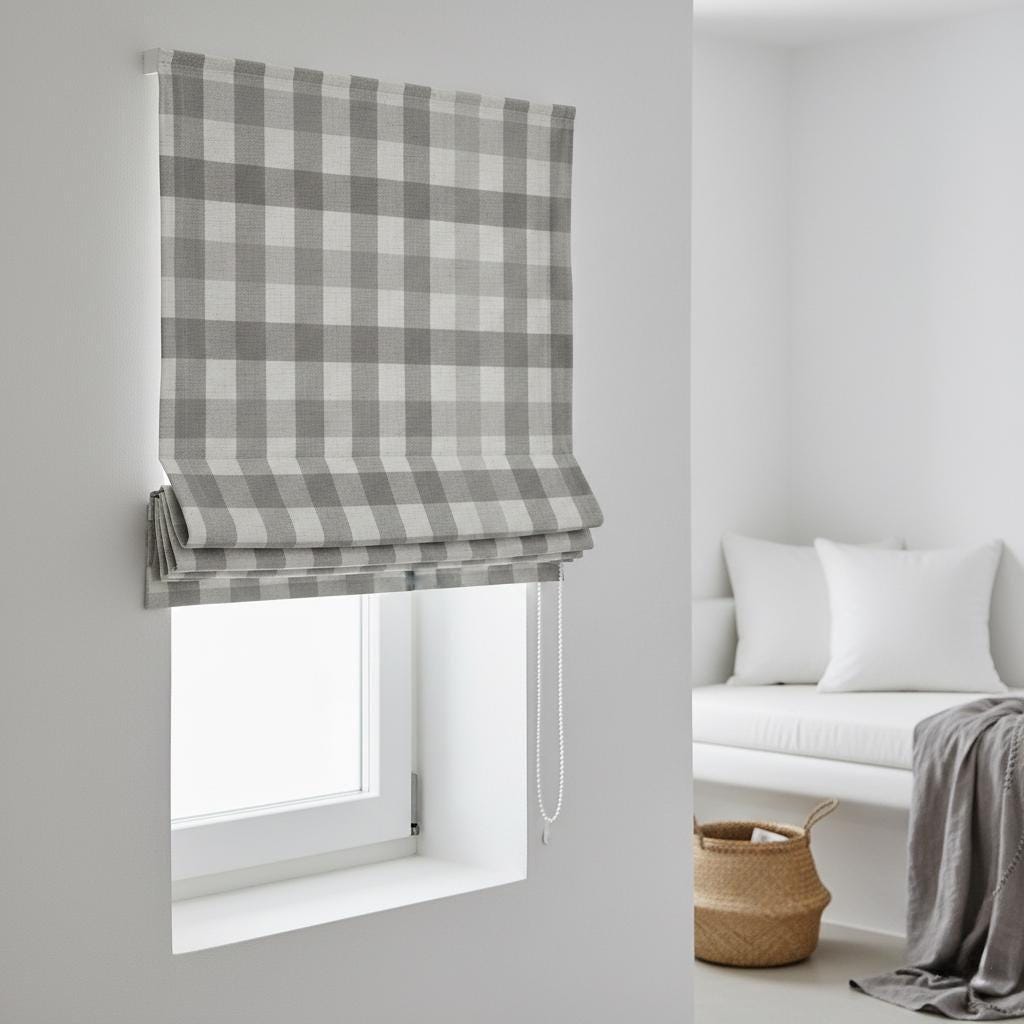 Custom Gray Gingham Linen Roman Shade, Farmhouse Style, Blackout or Light Filtering — image 1