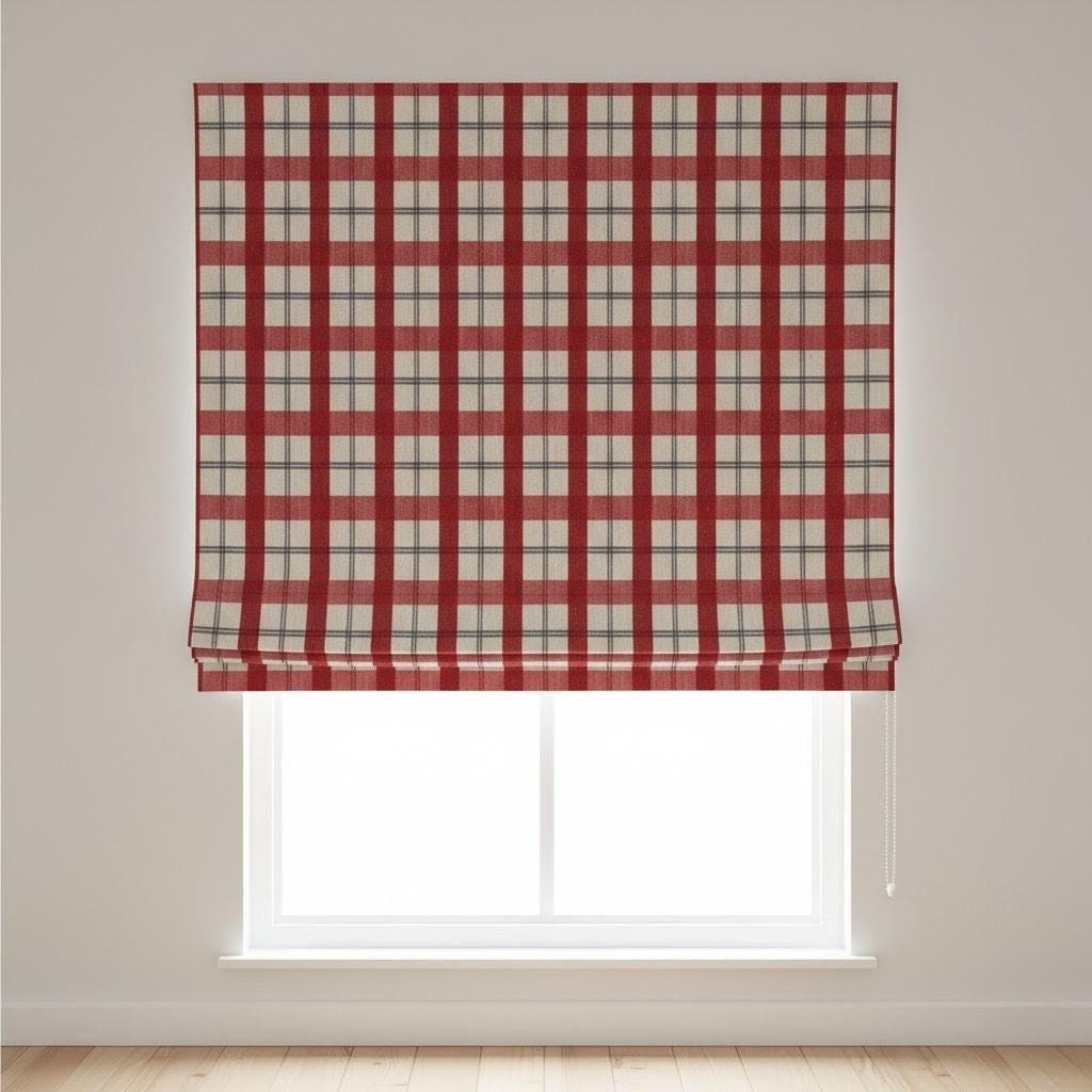 Farmhouse Roman Shade, Red Plaid Linen (Made to Measure, Blackout or Light-Filtering) — image 1