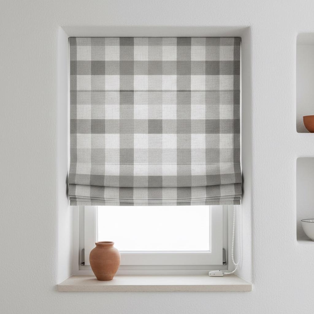 Custom Gray Gingham Linen Roman Shade, Farmhouse Style, Blackout or Light Filtering — image 4