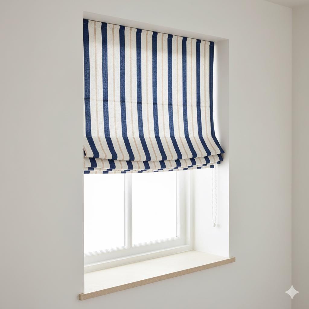 Pure Linen Roman Shade: Navy Blue & Beige Farmhouse Stripe — image 5