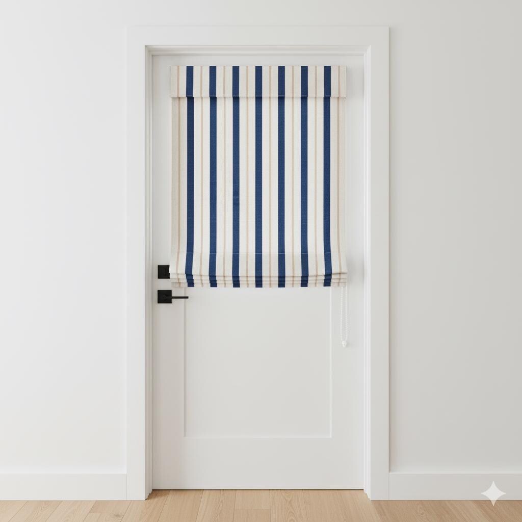 Pure Linen Roman Shade: Navy Blue & Beige Farmhouse Stripe — image 6