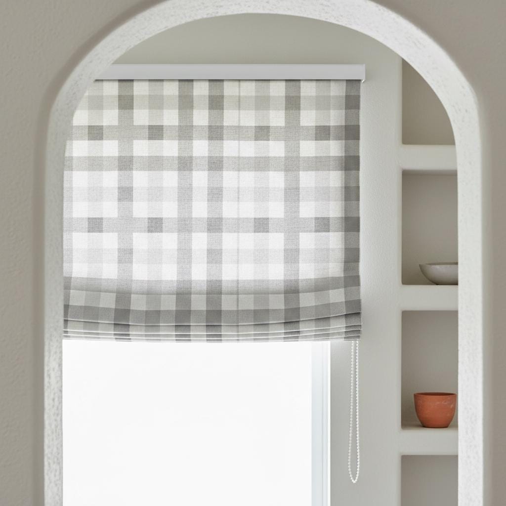 Custom Gray Gingham Linen Roman Shade, Farmhouse Style, Blackout or Light Filtering — image 7