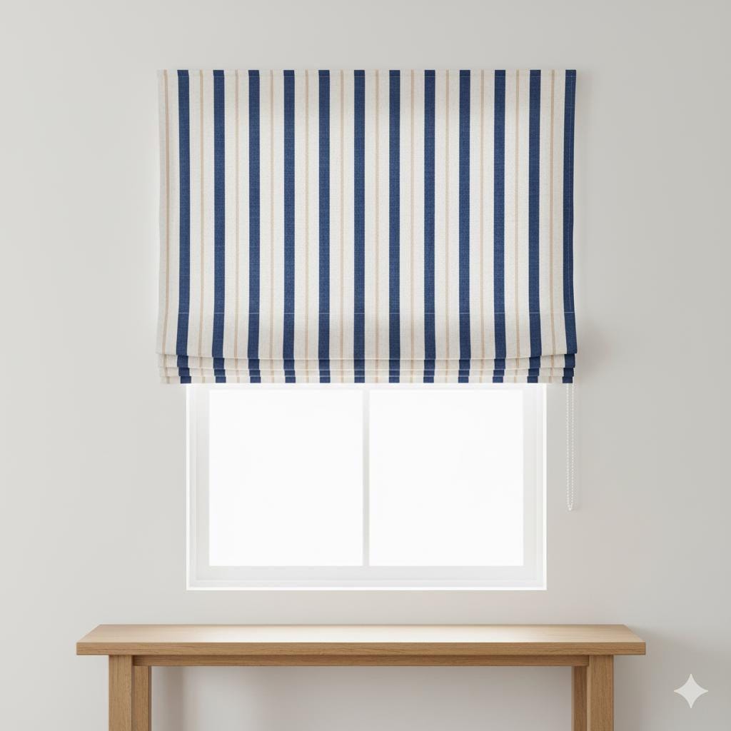 Pure Linen Roman Shade: Navy Blue & Beige Farmhouse Stripe — image 7