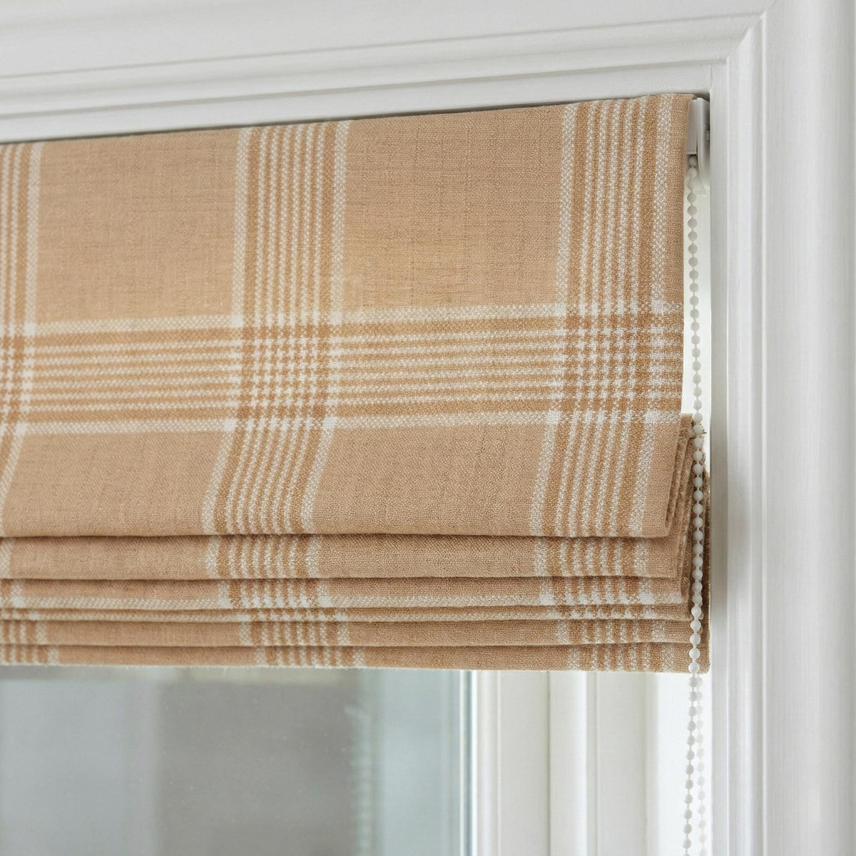 Custom Linen Roman Shade, Camel Tan Plaid, Farmhouse Window Blind, OEKO-TEX — image 1