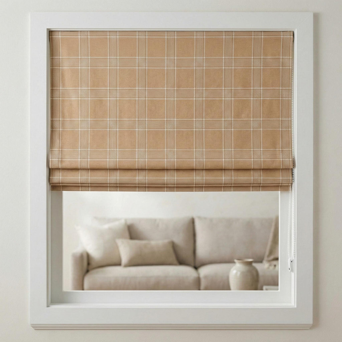 Custom Linen Roman Shade, Camel Tan Plaid, Farmhouse Window Blind, OEKO-TEX — image 4