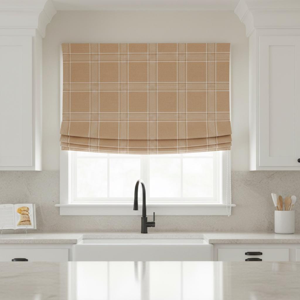 Custom Linen Roman Shade, Camel Tan Plaid, Farmhouse Window Blind, OEKO-TEX — image 8