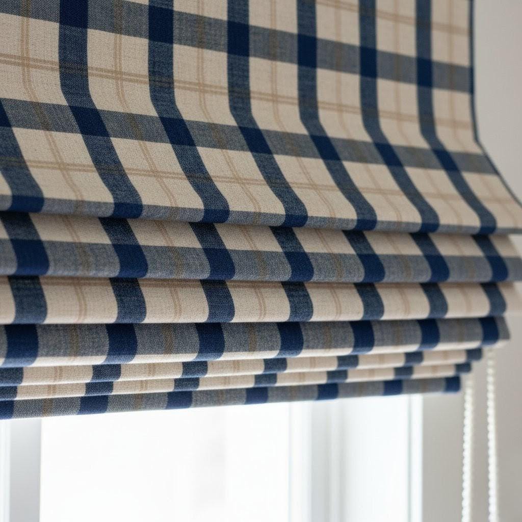 Blue Beige Linen Roman Shade - Corded Pull, Made to Size — image 1