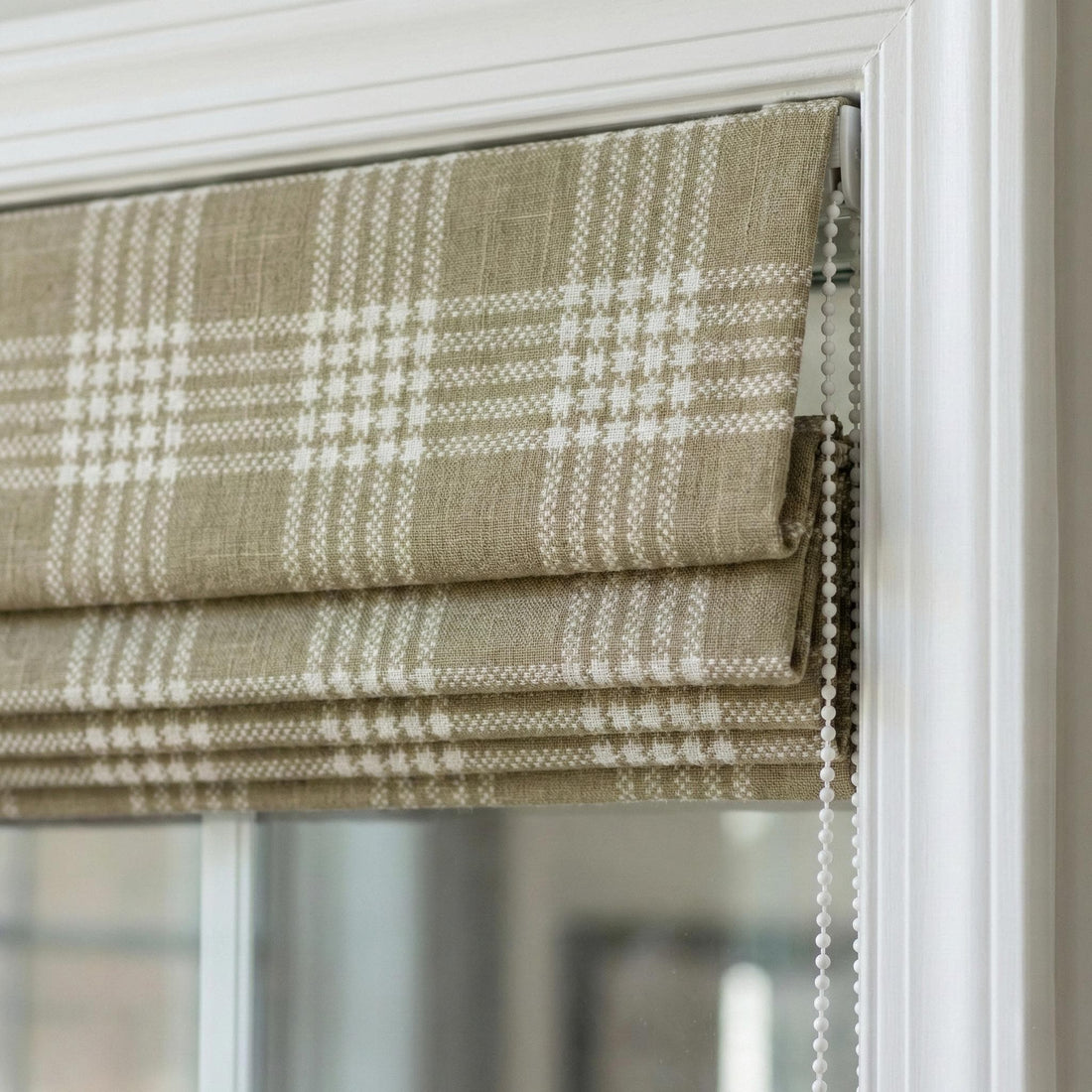 Olive Green Plaid Linen Roman Shade, Farmhouse Window Blind, Custom Made to Measure — image 1